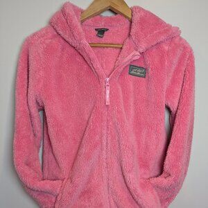 Eddie Bauer Girl's Size L Solid Pink Teddy Bear Fuzzy Fleece zip Hooded Jacket